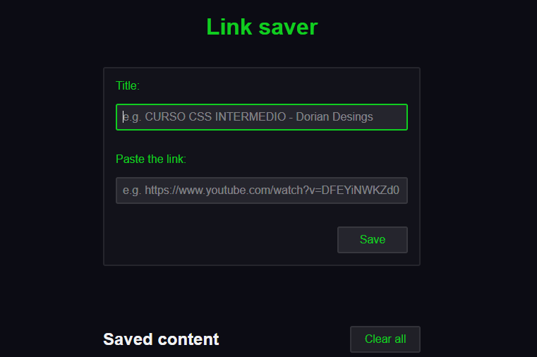 Captura de pantalla del proyecto Link Saver